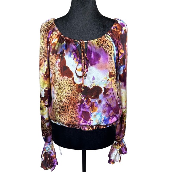 Cache Tops - Cache Leopard Mixed Print Multi-Color Silk Ruffle Smock Peasant Top Size L